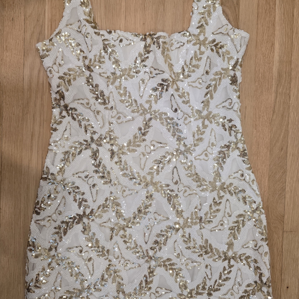 Elegant Gold and Cream Sequin Mini Dress